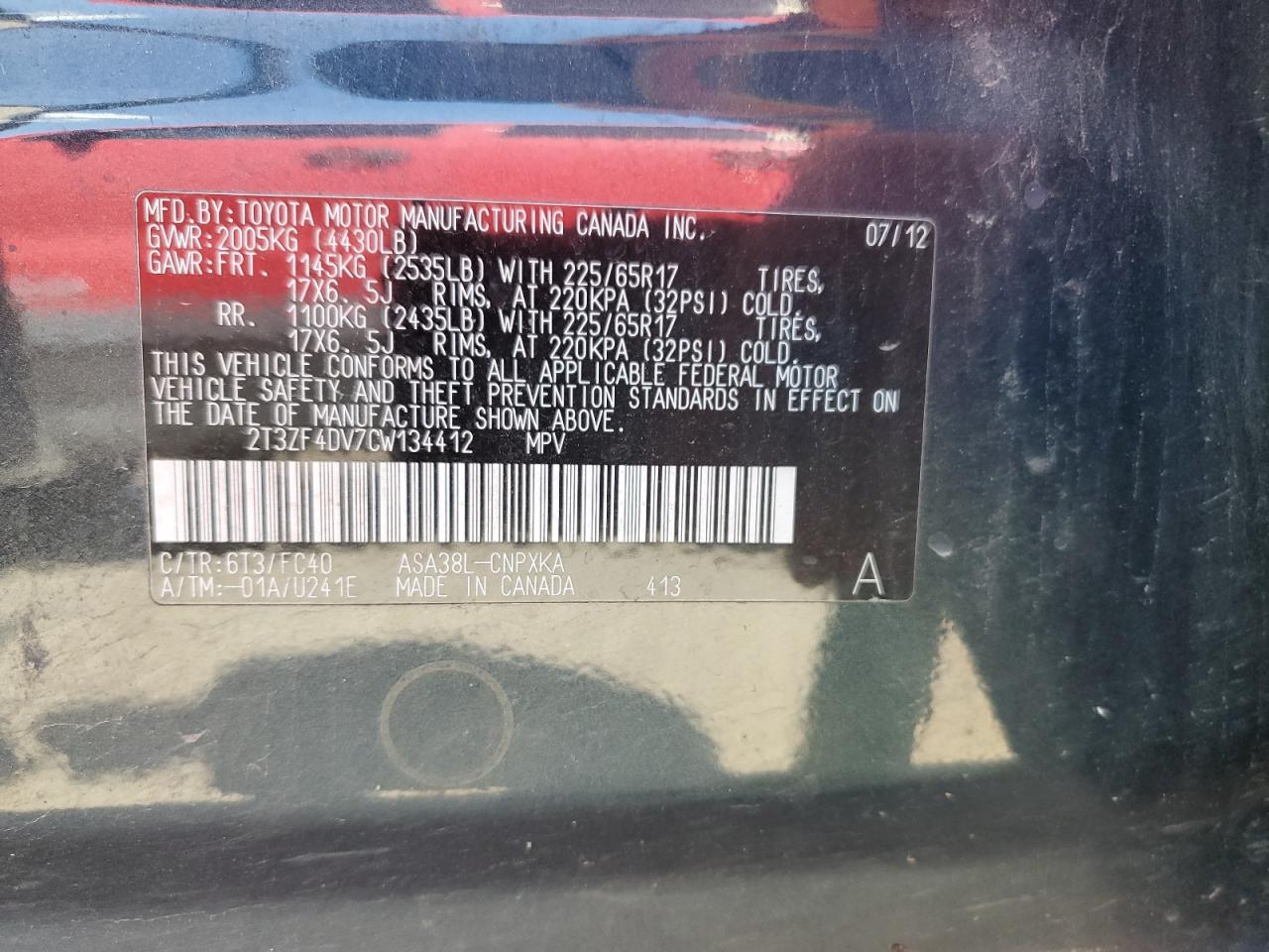 2012 Toyota Rav4 VIN: 2T3ZF4DV7CW134412 Lot: 55272644
