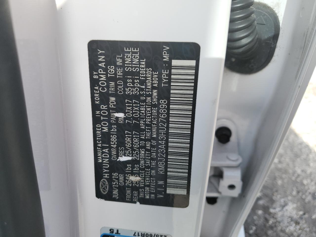 2017 Hyundai Tucson Se VIN: KM8J23A43HU276898 Lot: 60407514