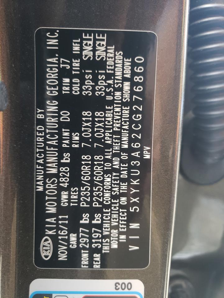 2012 Kia Sorento Ex VIN: 5XYKU3A62CG276860 Lot: 57815384