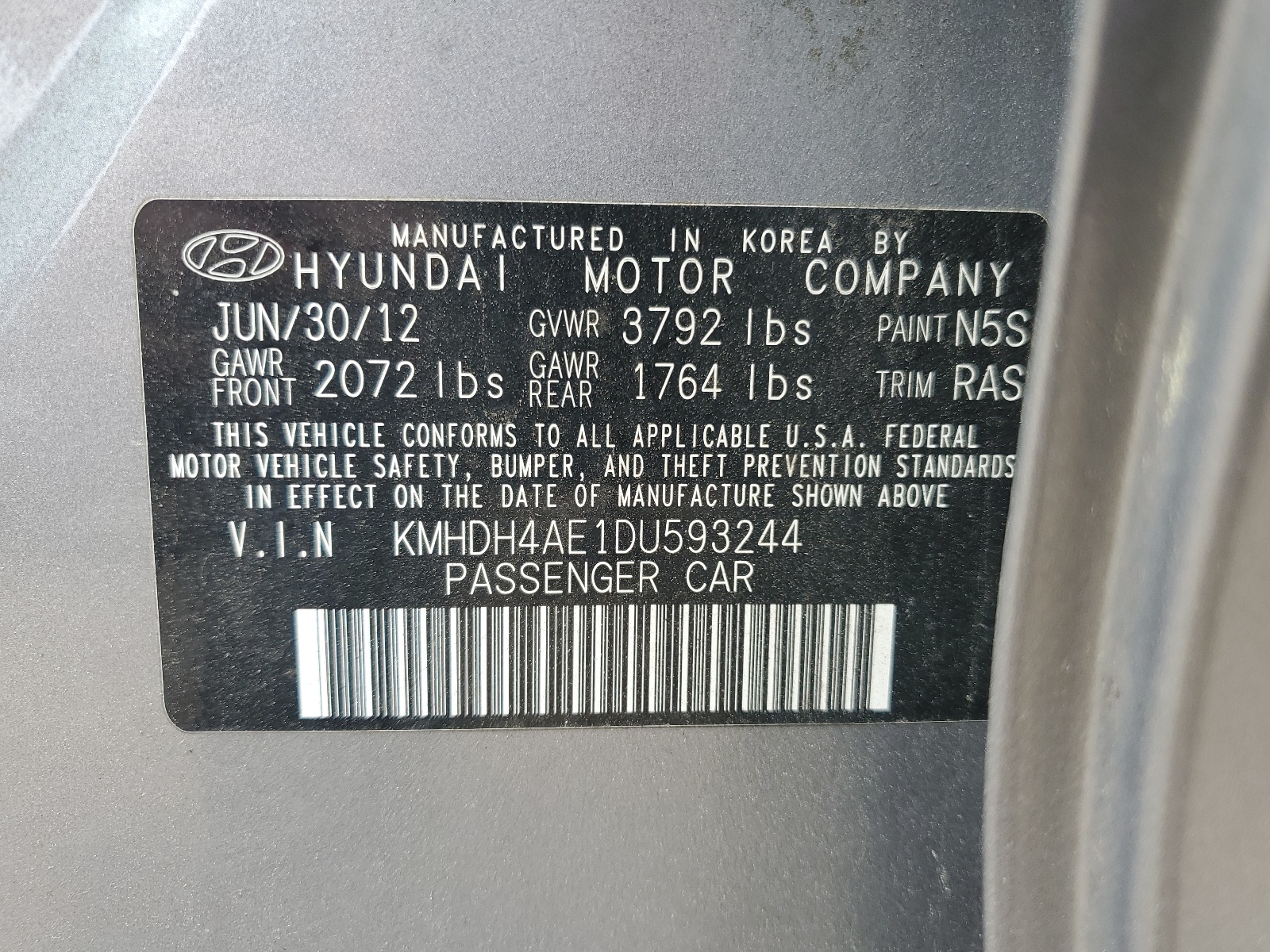 KMHDH4AE1DU593244 2013 Hyundai Elantra Gls