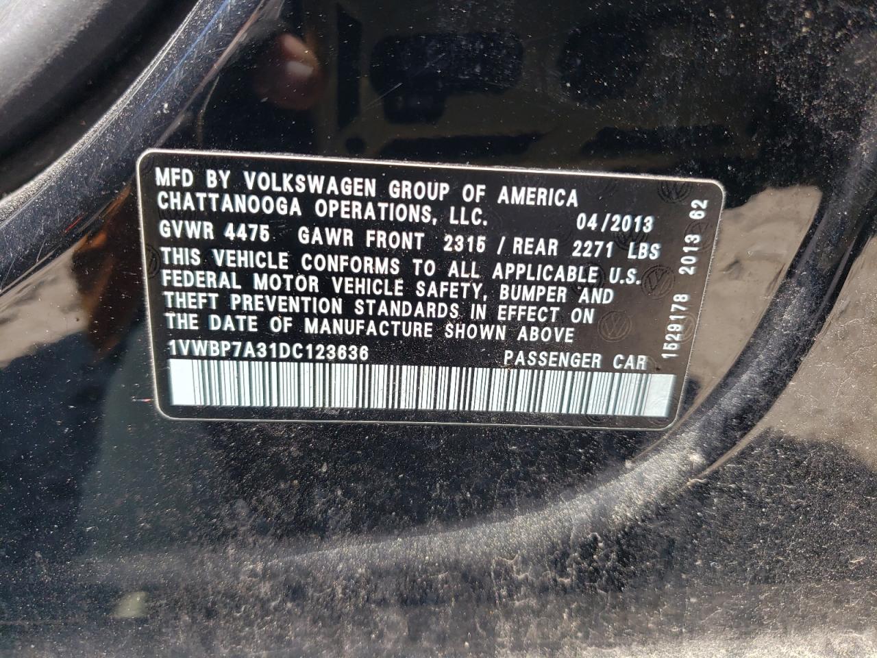 2013 Volkswagen Passat Se VIN: 1VWBP7A31DC123636 Lot: 59033834