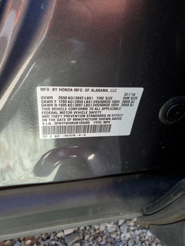 2016 Honda Pilot Elite VIN: 5FNYF6H06GB103489 Lot: 58135434