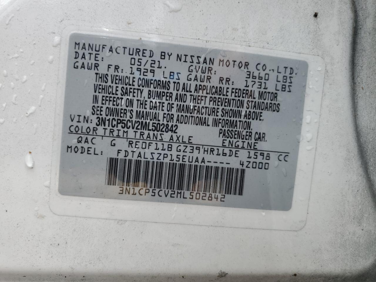 2021 Nissan Kicks Sv VIN: 3N1CP5CV2ML502842 Lot: 59332834