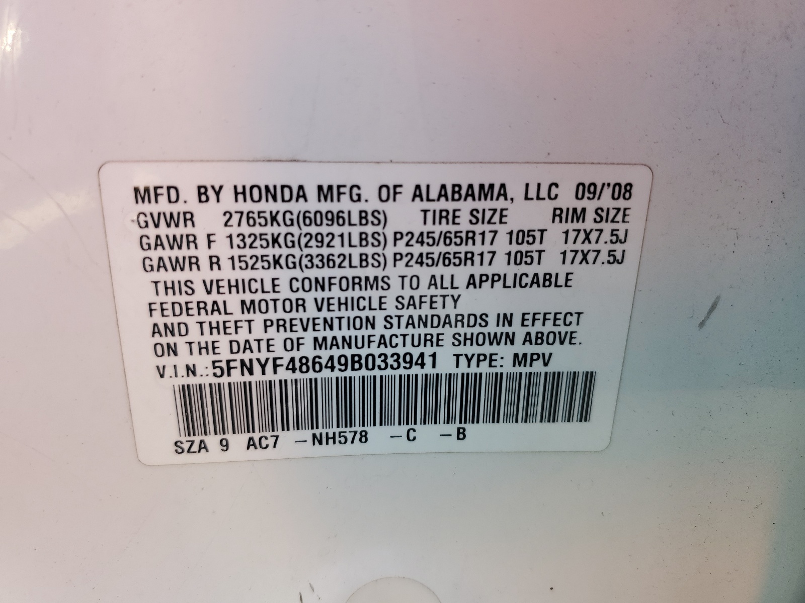 5FNYF48649B033941 2009 Honda Pilot Exl