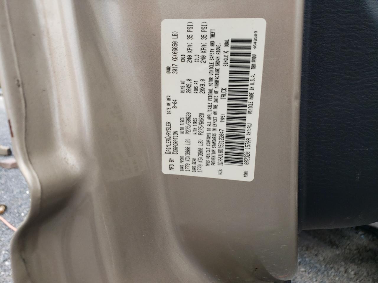 2005 Dodge Ram 1500 St VIN: 1D7HU18D15S122047 Lot: 58272534