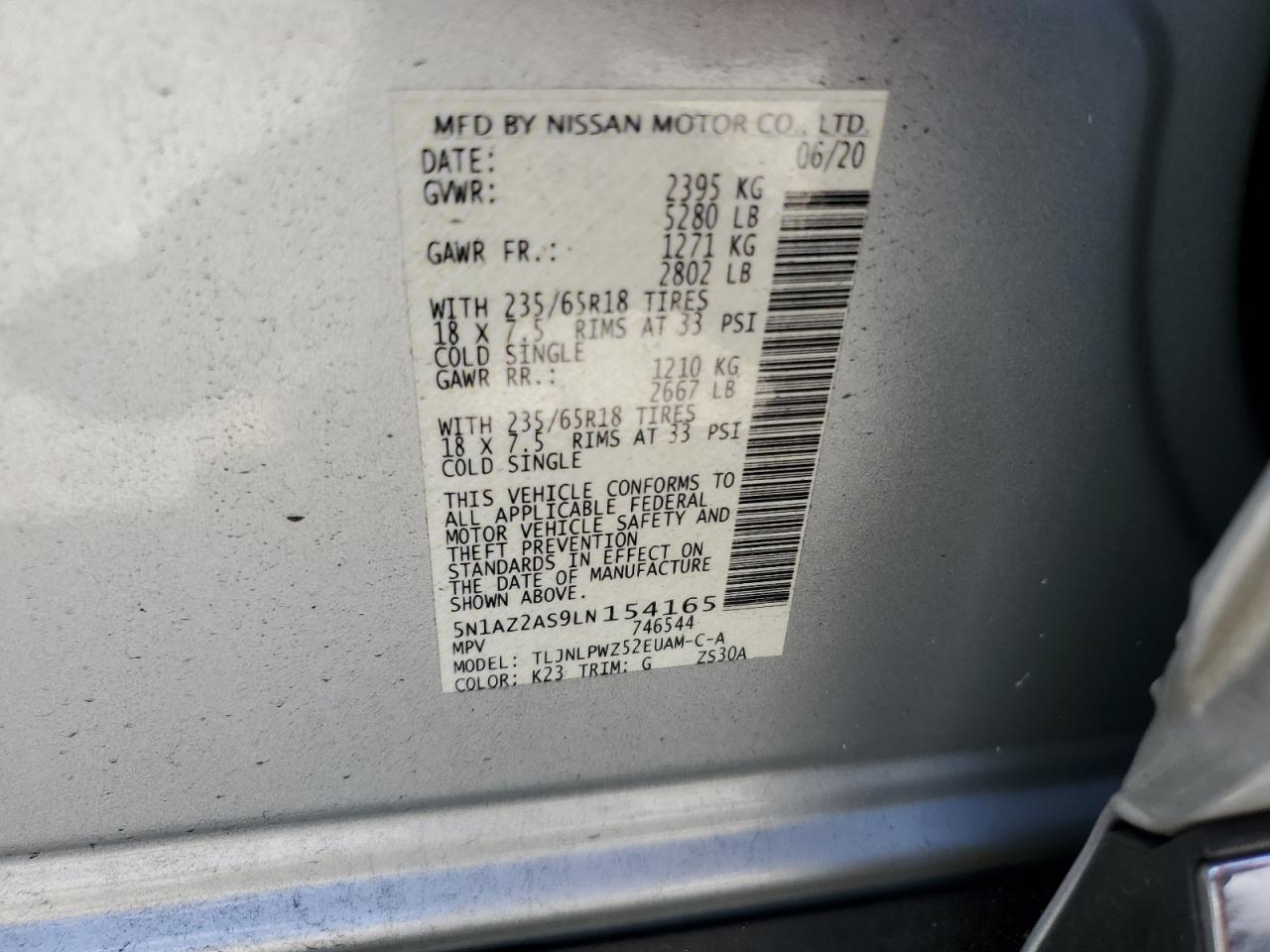 2020 Nissan Murano S VIN: 5N1AZ2AS9LN154165 Lot: 57571264