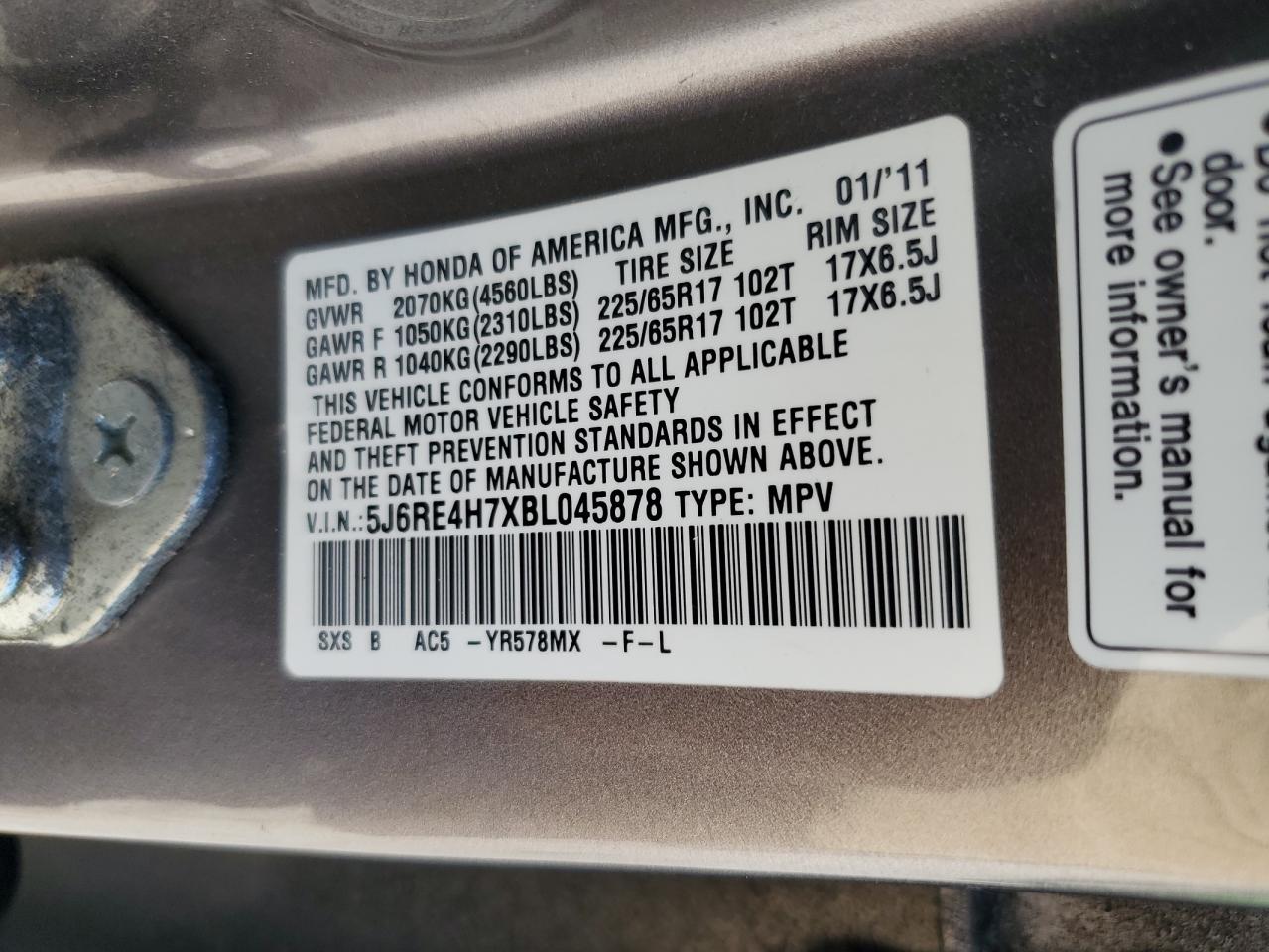 5J6RE4H7XBL045878 2011 Honda Cr-V Exl