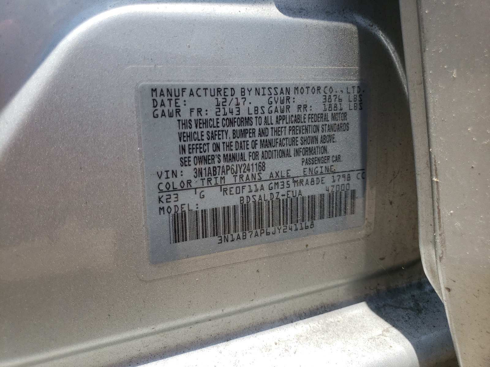 3N1AB7AP6JY241168 2018 Nissan Sentra S