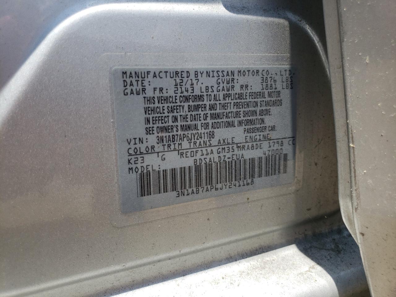 2018 Nissan Sentra S VIN: 3N1AB7AP6JY241168 Lot: 59864724