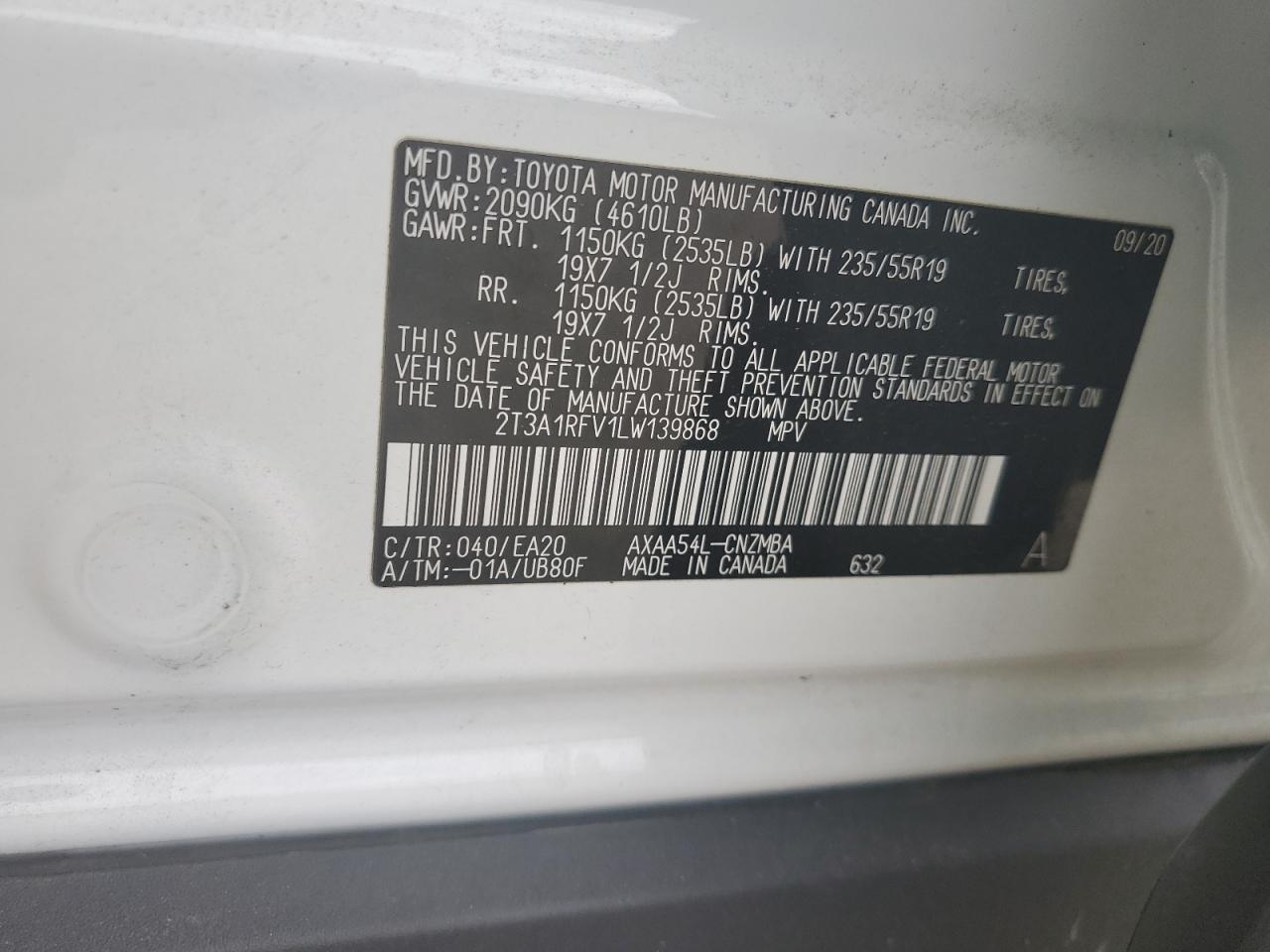 2020 Toyota Rav4 Xle Premium VIN: 2T3A1RFV1LW139868 Lot: 60023114