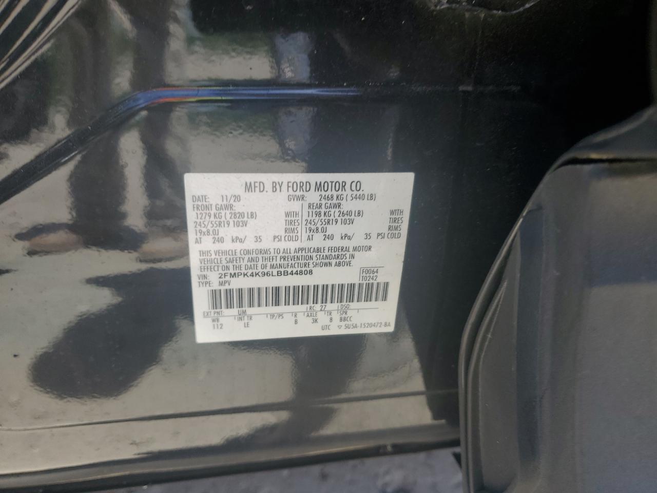 2020 Ford Edge Titanium VIN: 2FMPK4K96LBB44808 Lot: 59932354