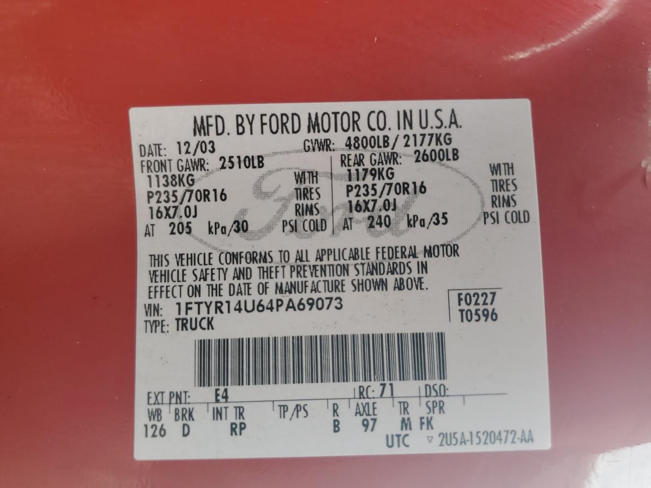 2004 Ford Ranger Super Cab VIN: 1FTYR14U64PA69073 Lot: 60494414