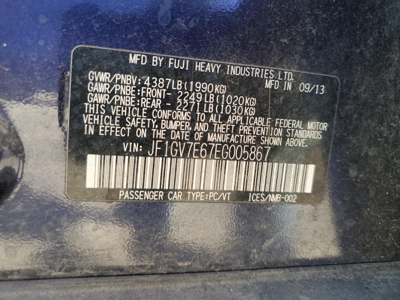 2014 Subaru Impreza Wrx VIN: JF1GV7E67EG005867 Lot: 57278204