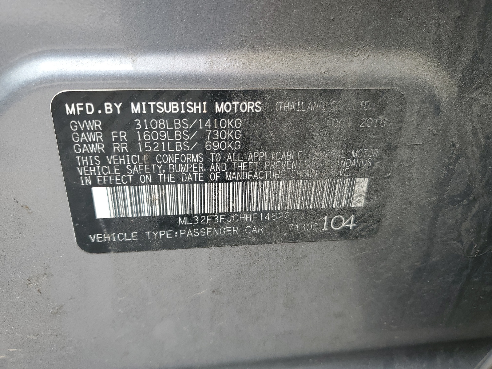 ML32F3FJ0HHF14622 2017 Mitsubishi Mirage G4 Es