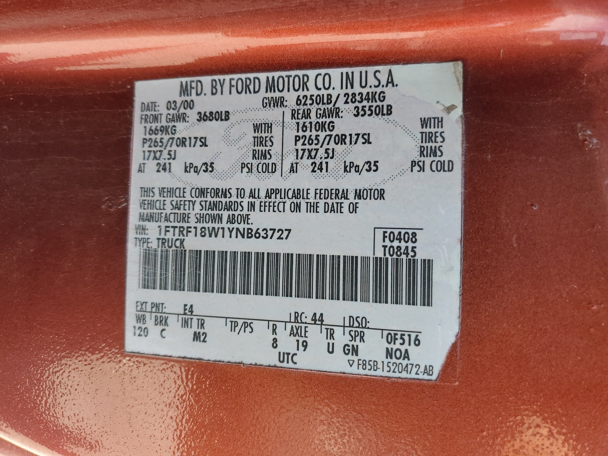 1FTRF18W1YNB63727 2000 Ford F150