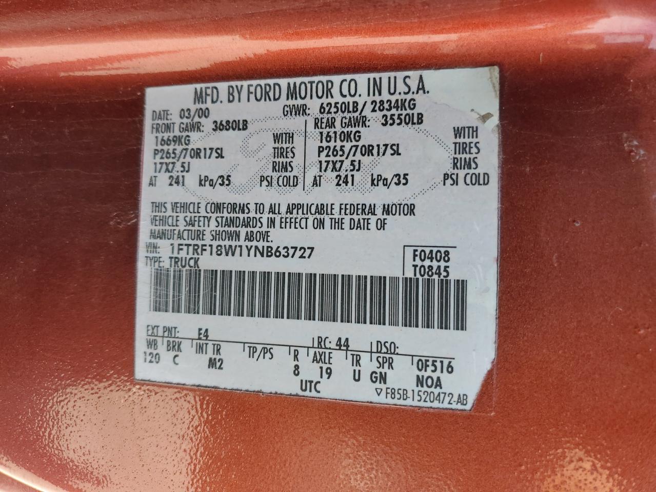 2000 Ford F150 VIN: 1FTRF18W1YNB63727 Lot: 60226794