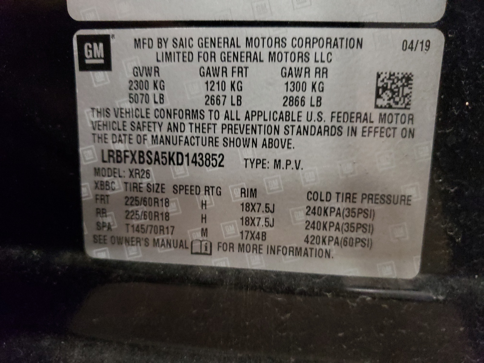 LRBFXBSA5KD143852 2019 Buick Envision Preferred