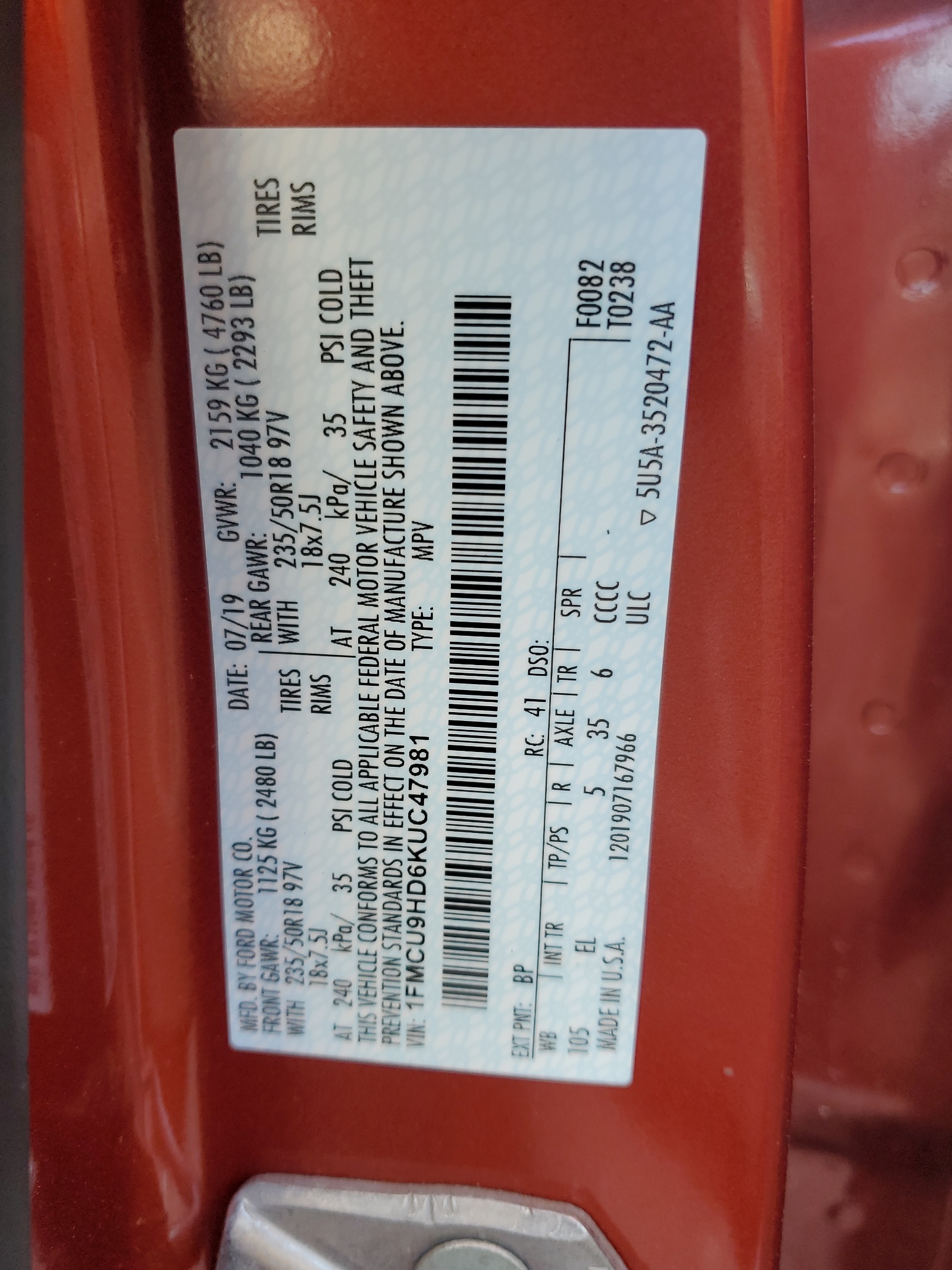 1FMCU9HD6KUC47981 2019 Ford Escape Sel