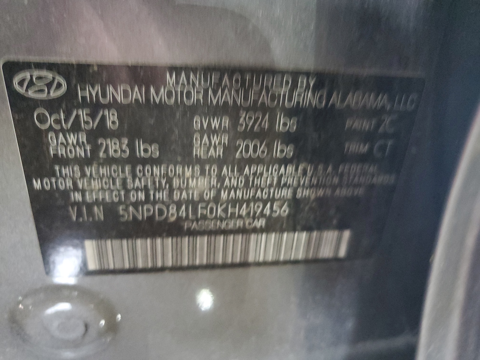 5NPD84LF0KH419456 2019 Hyundai Elantra Sel