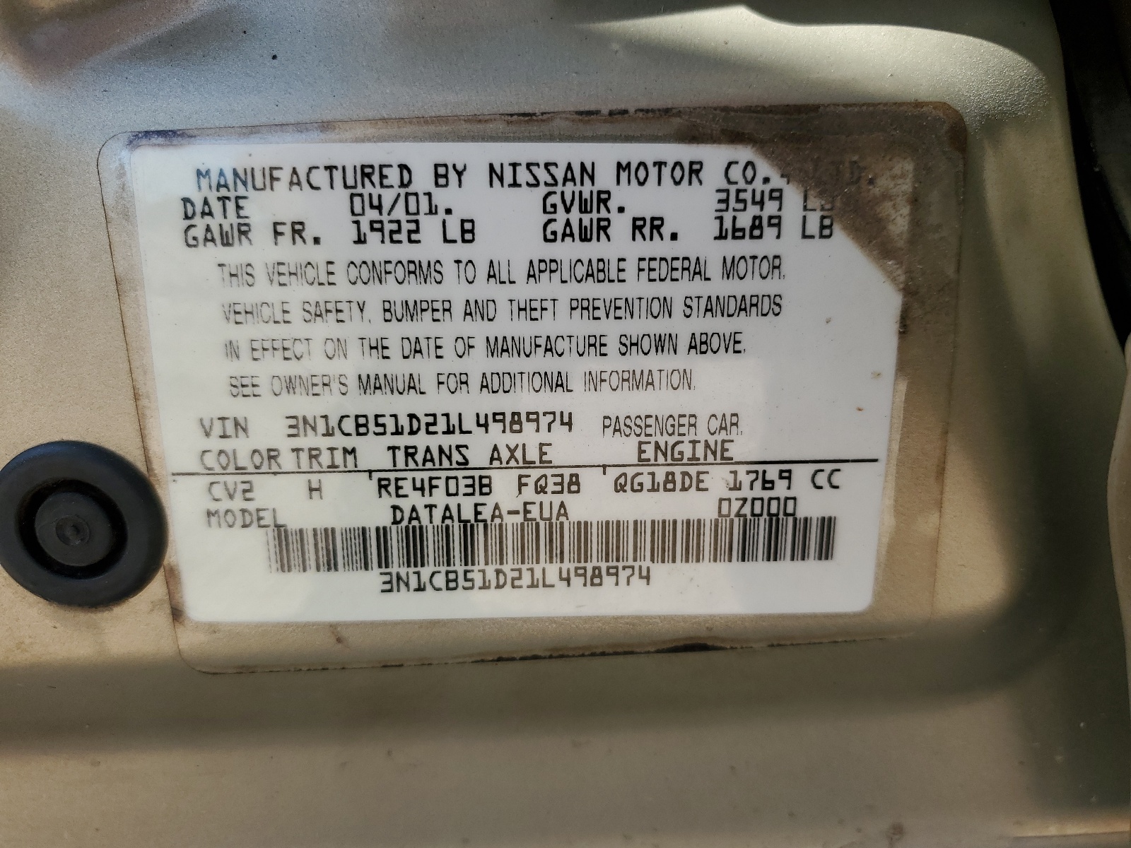 3N1CB51D21L498974 2001 Nissan Sentra Xe