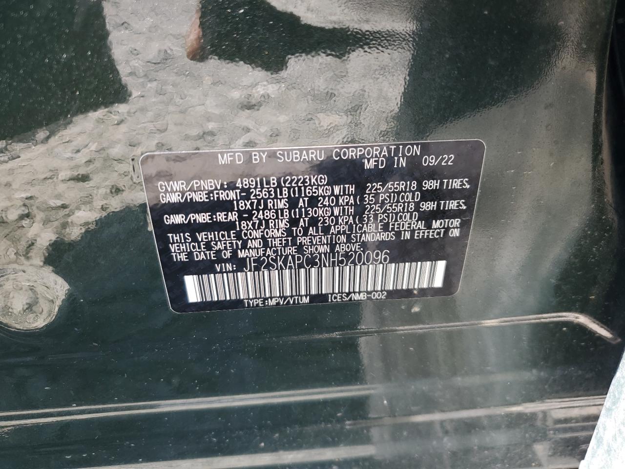 2022 Subaru Forester Limited VIN: JF2SKAPC3NH520096 Lot: 59919874