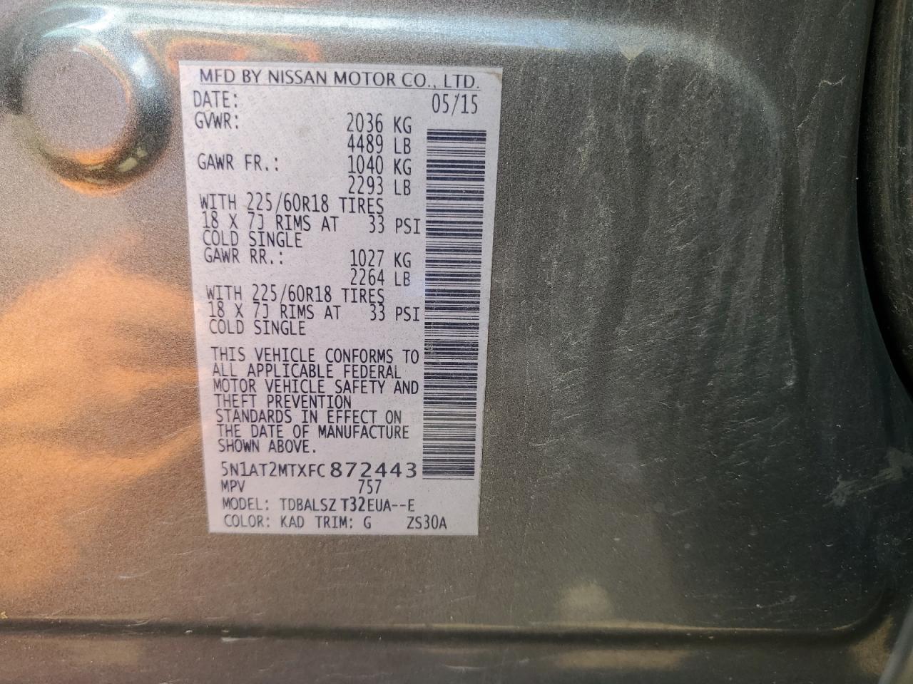 2015 Nissan Rogue S VIN: 5N1AT2MTXFC872443 Lot: 59436044