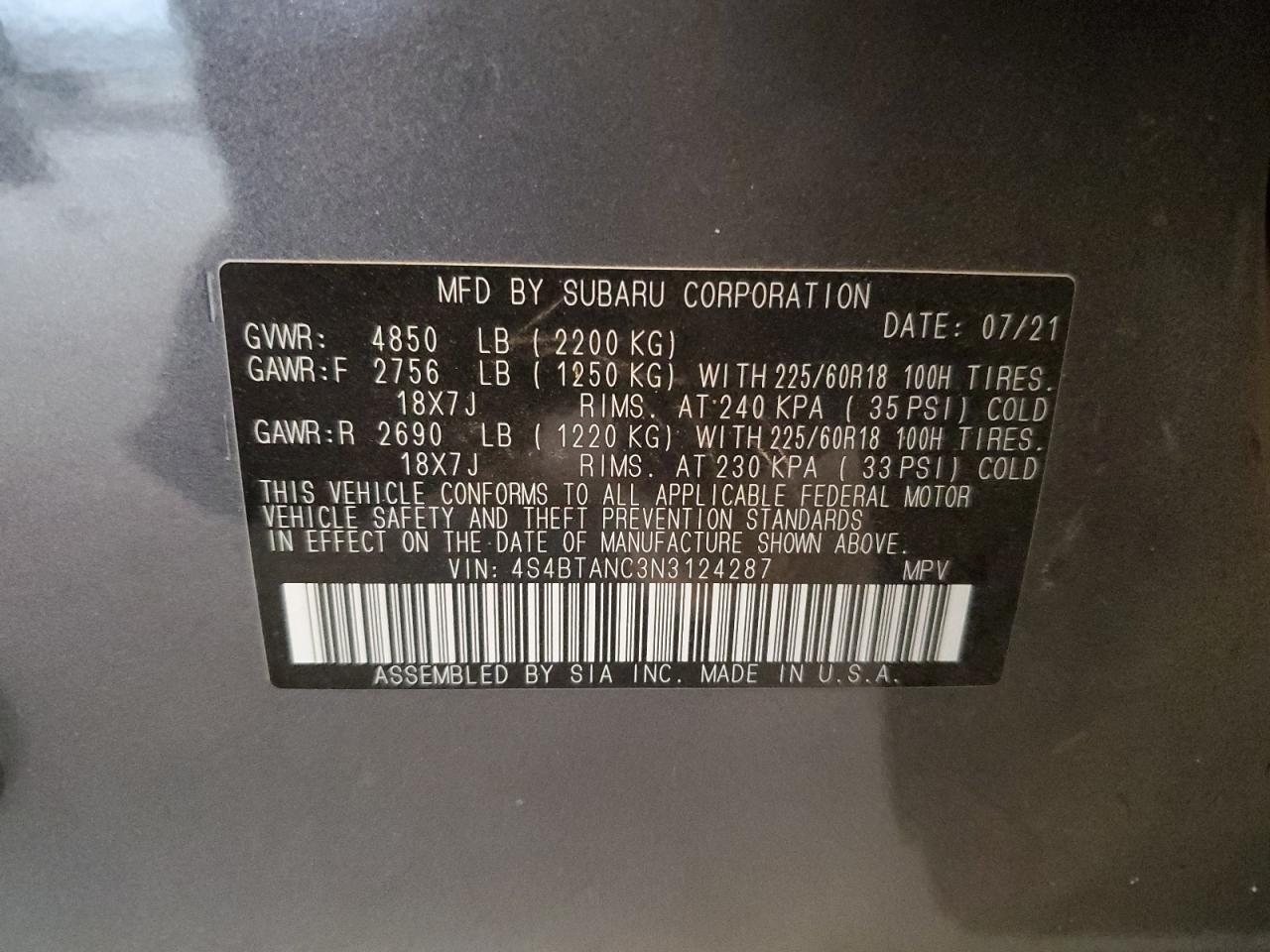 2022 Subaru Outback Limited VIN: 4S4BTANC3N3124287 Lot: 58081414