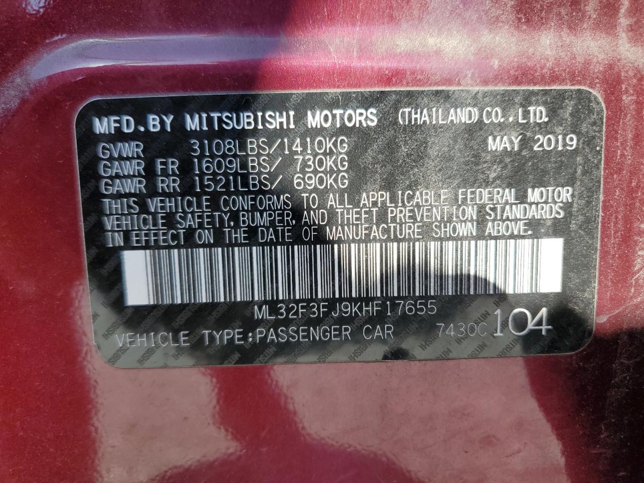 ML32F3FJ9KHF17655 2019 Mitsubishi Mirage G4 Es