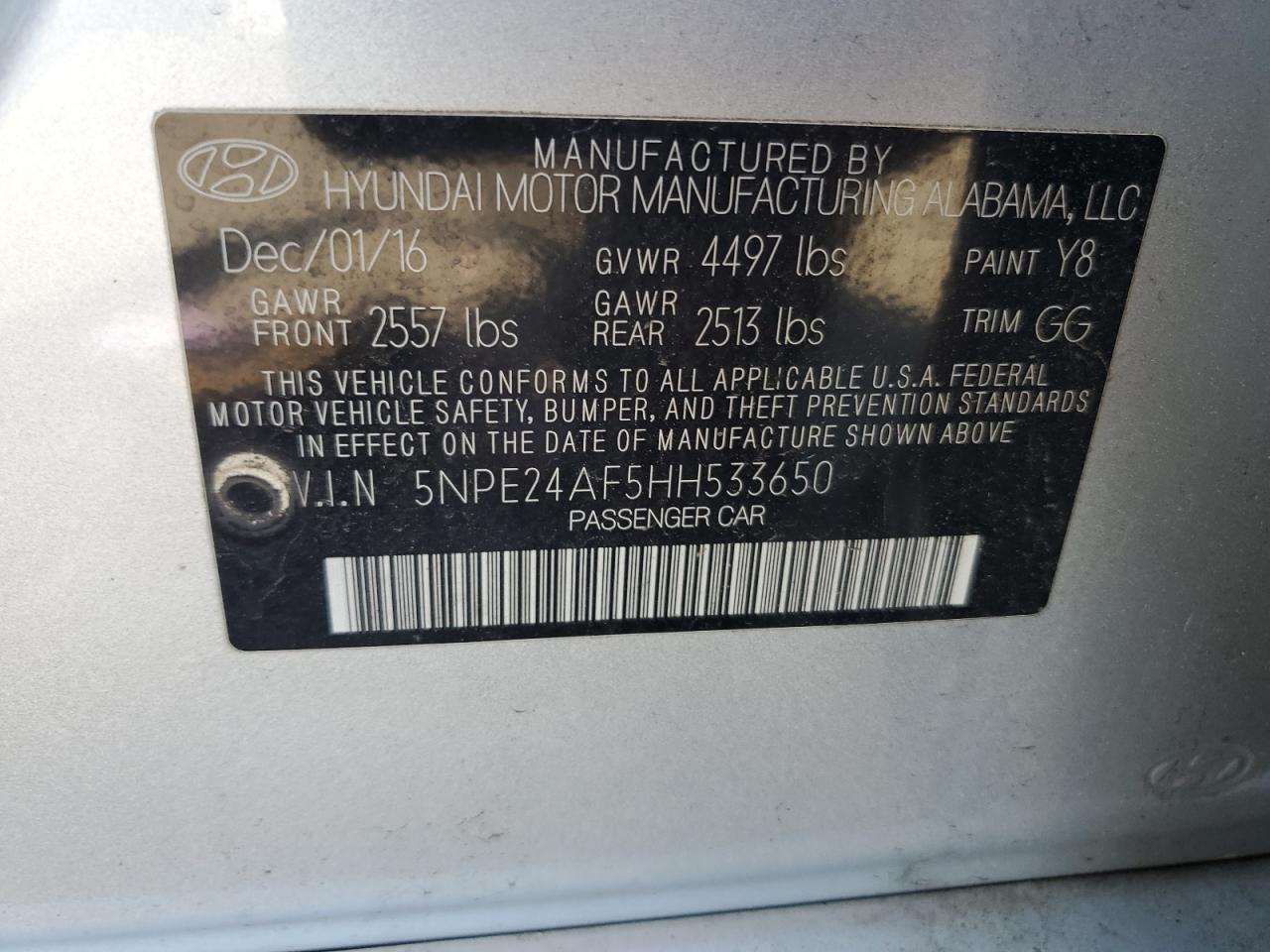 2017 Hyundai Sonata Se VIN: 5NPE24AF5HH533650 Lot: 57981574