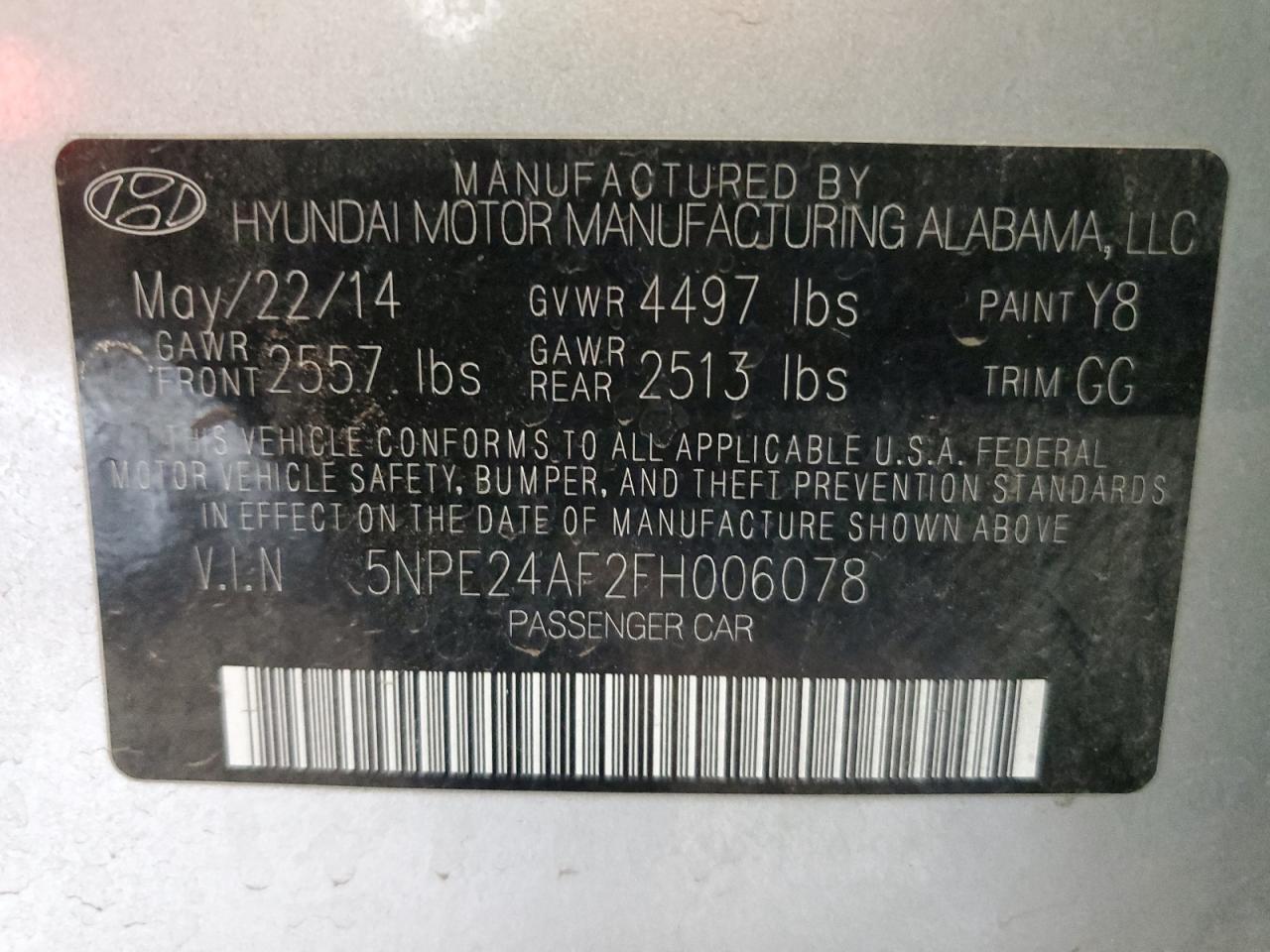 2015 Hyundai Sonata Se VIN: 5NPE24AF2FH006078 Lot: 58444284