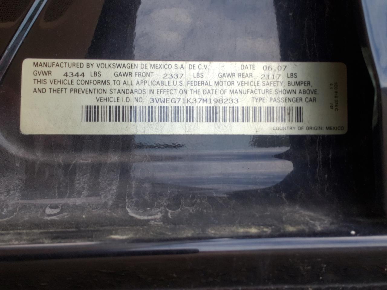 2007 Volkswagen Jetta Wolfsburg VIN: 3VWEG71K37M198233 Lot: 58877404