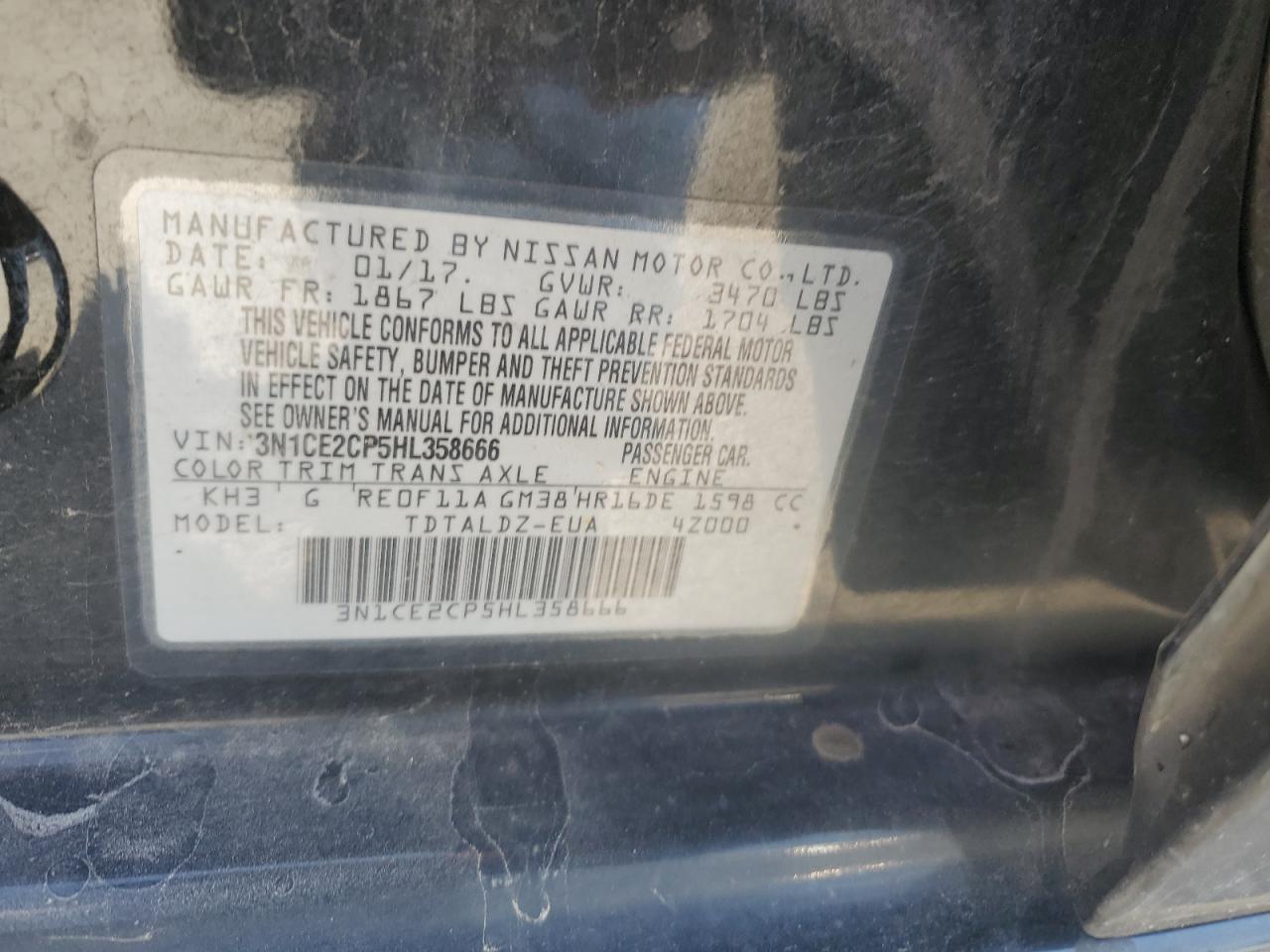 2017 Nissan Versa Note S VIN: 3N1CE2CP5HL358666 Lot: 58611014