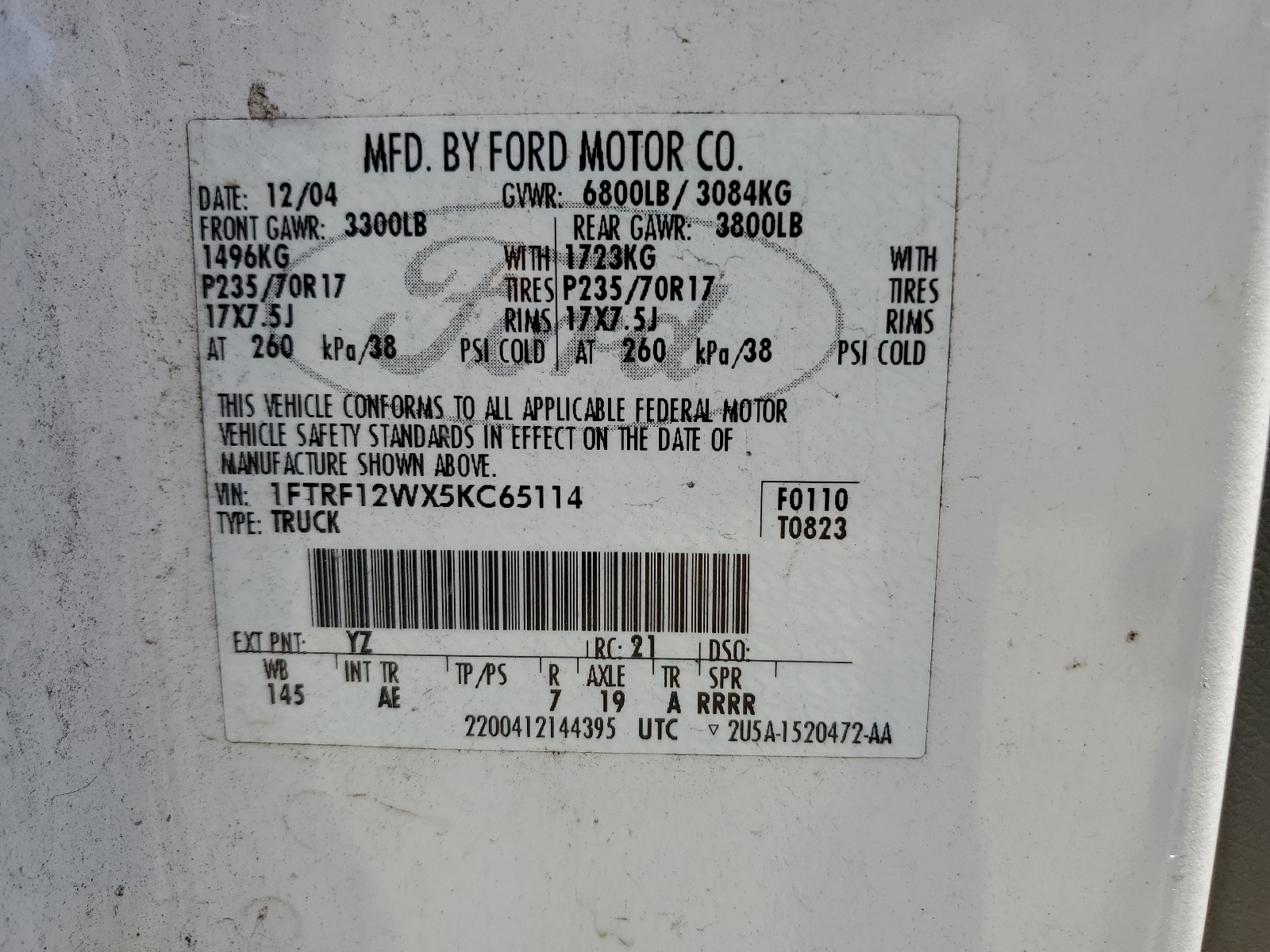 1FTRF12WX5KC65114 2005 Ford F150