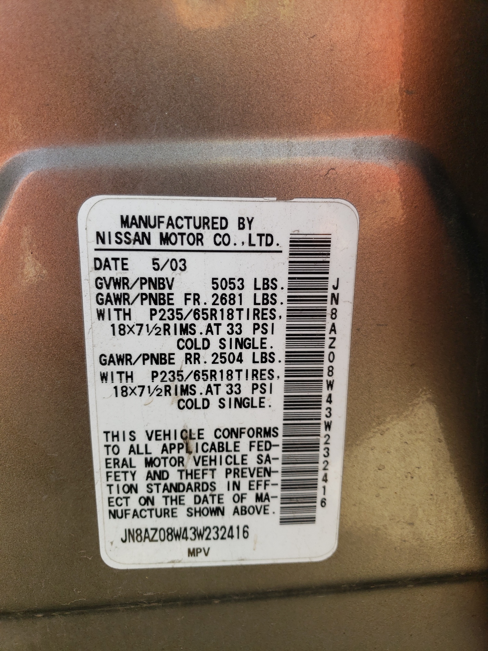 JN8AZ08W43W232416 2003 Nissan Murano Sl