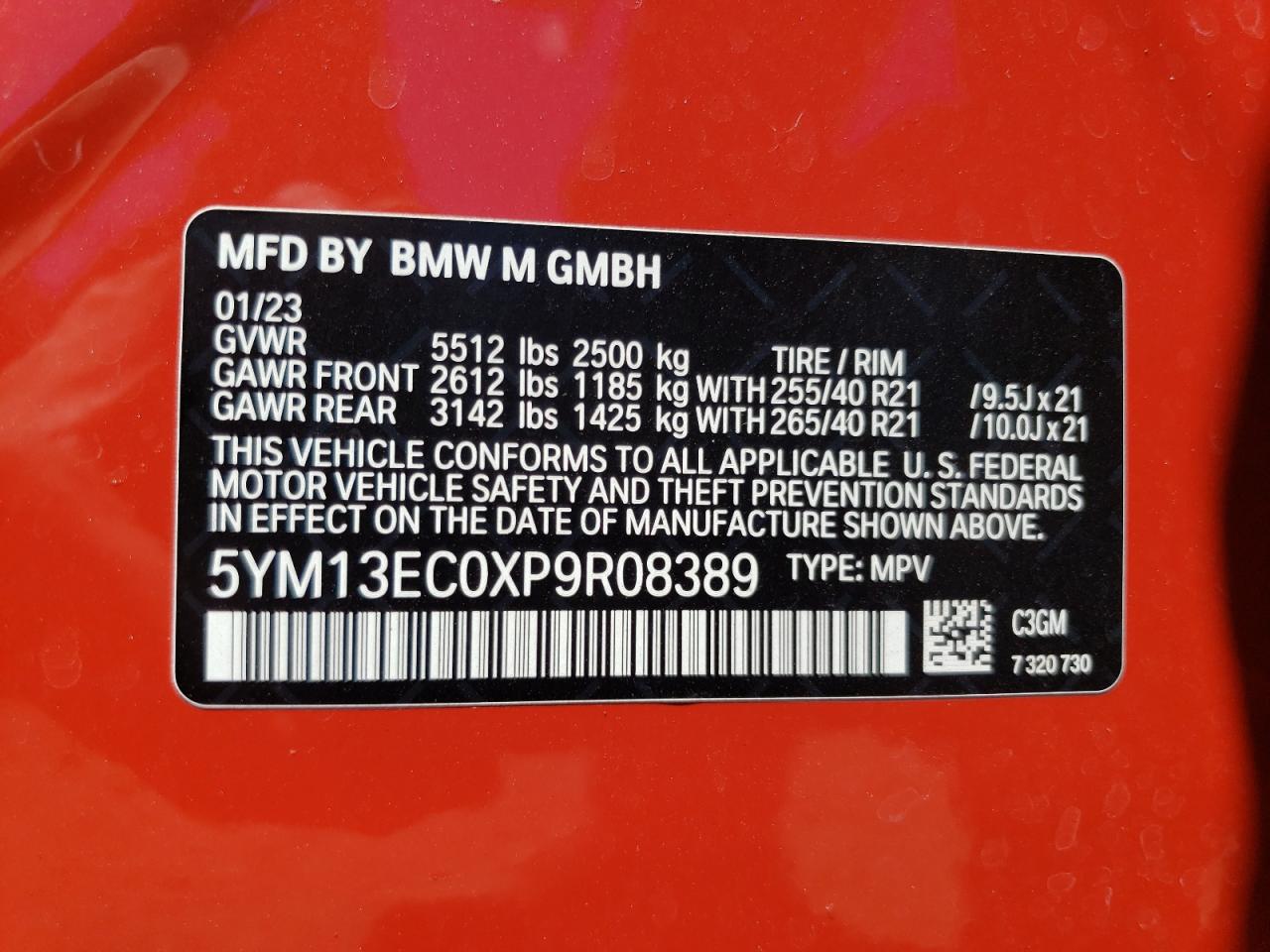 2023 BMW X3 M VIN: 5YM13EC0XP9R08389 Lot: 60077684