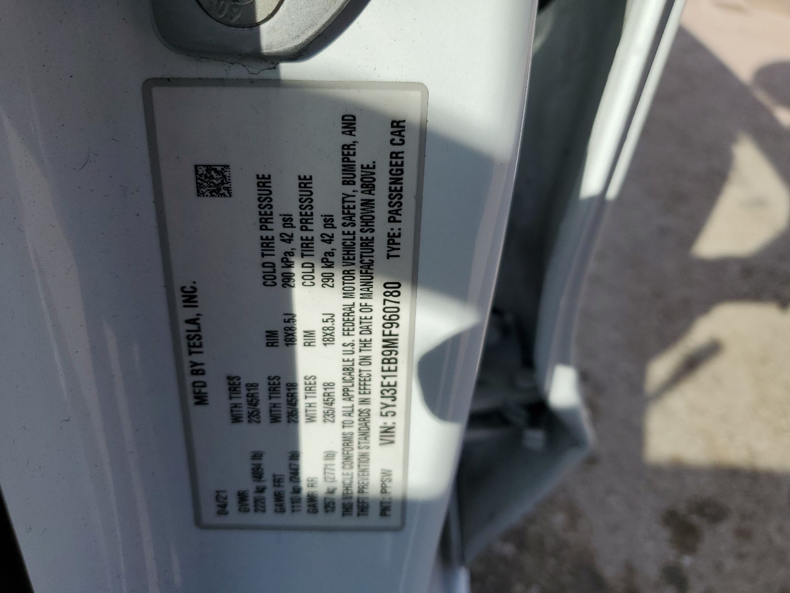 5YJ3E1EB9MF960780 2021 Tesla Model 3