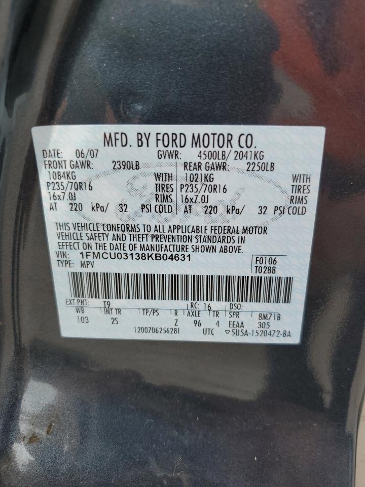 2008 Ford Escape Xlt VIN: 1FMCU03138KB04631 Lot: 58979534