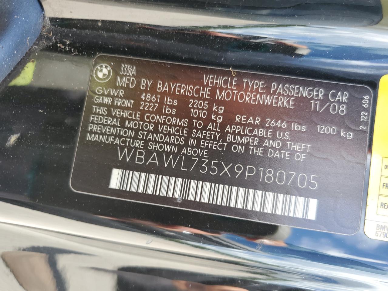 2009 BMW 335 I VIN: WBAWL735X9P180705 Lot: 61089014