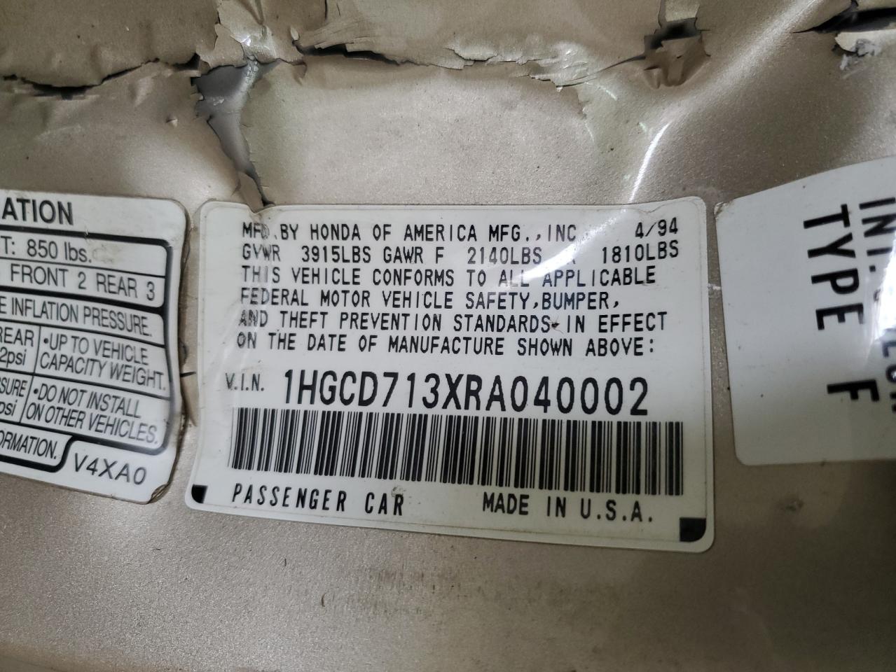 1994 Honda Accord Lx VIN: 1HGCD713XRA040002 Lot: 60908274