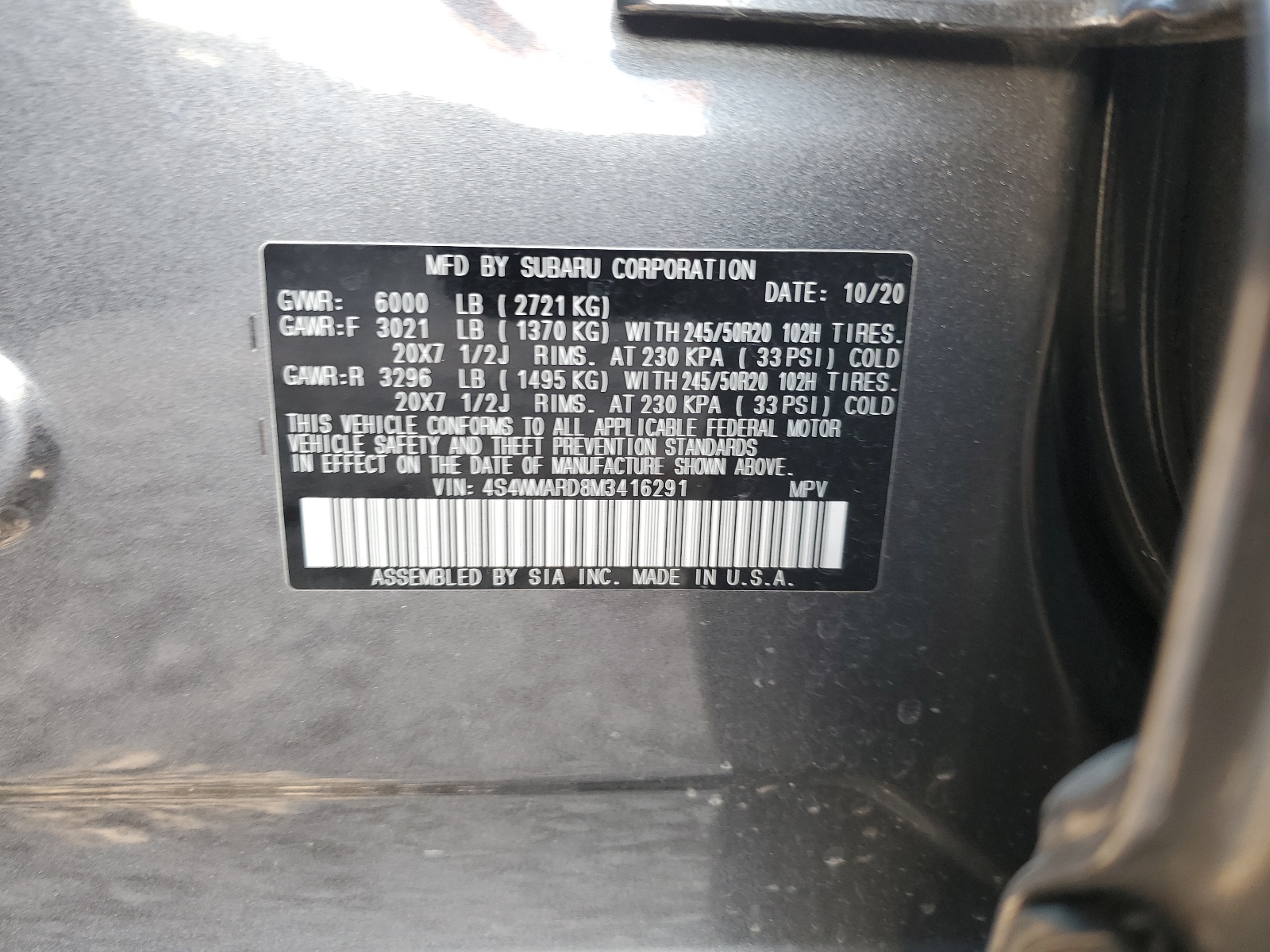 4S4WMARD8M3416291 2021 Subaru Ascent Touring