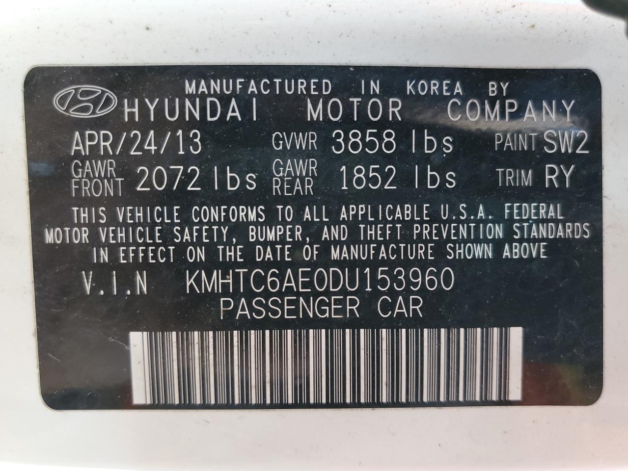 2013 Hyundai Veloster Turbo VIN: KMHTC6AE0DU153960 Lot: 60488364