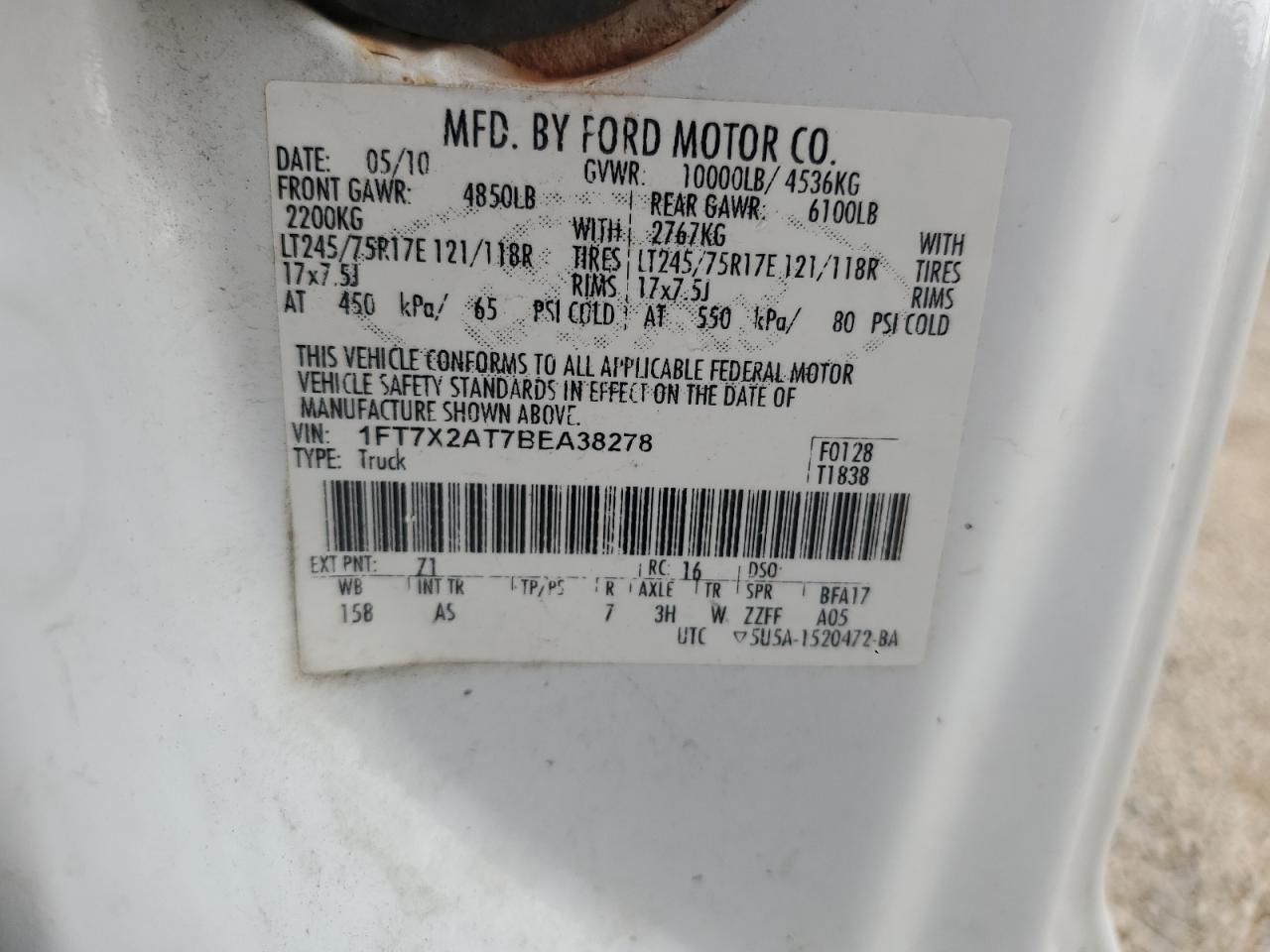 2011 Ford F250 Super Duty VIN: 1FT7X2AT7BEA38278 Lot: 57156654