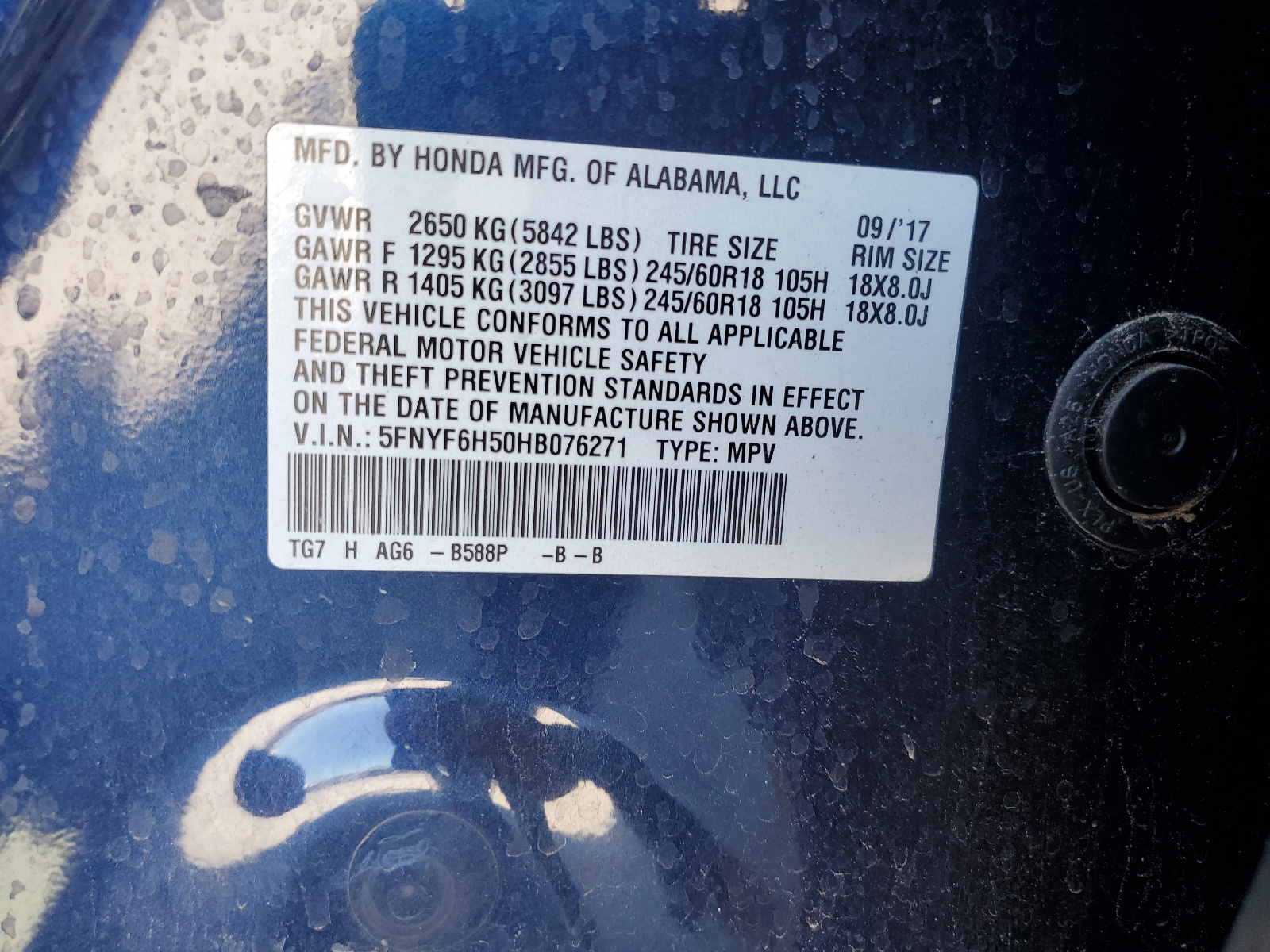 5FNYF6H50HB076271 2017 Honda Pilot Exl