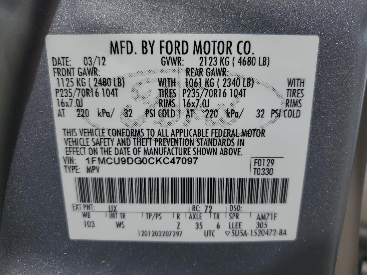 1FMCU9DG0CKC47097 2012 Ford Escape Xlt