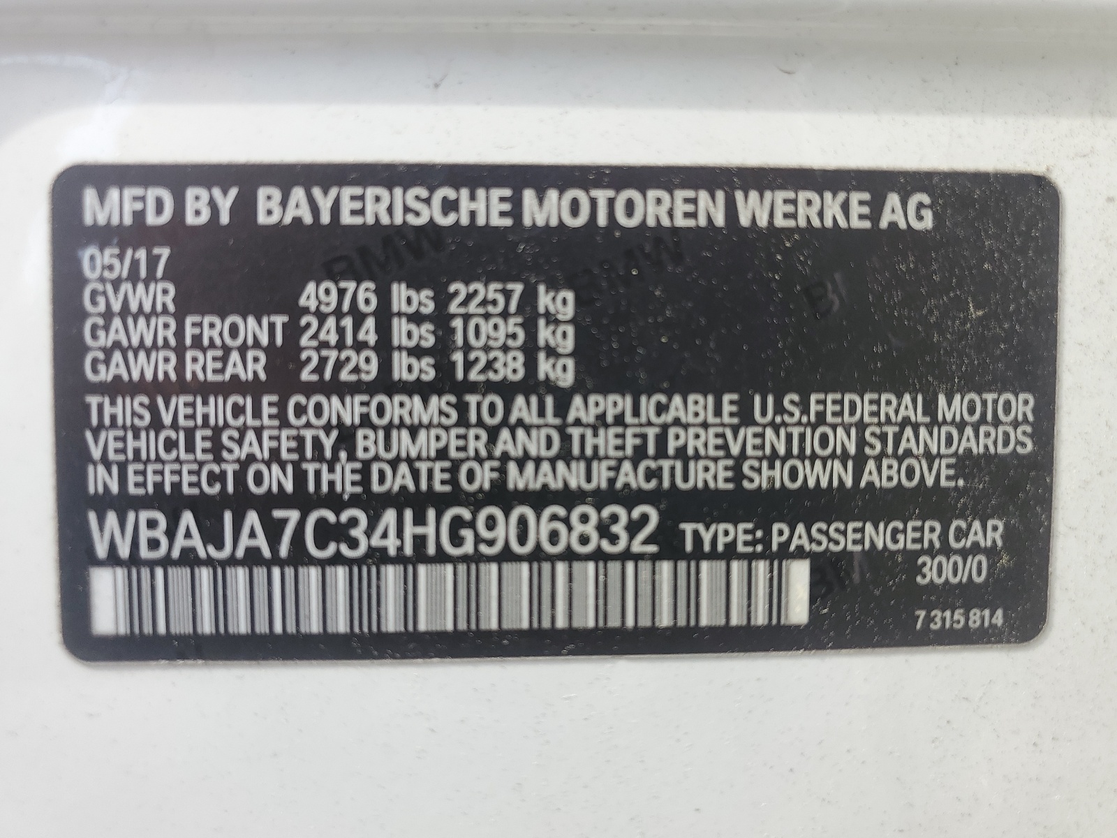 WBAJA7C34HG906832 2017 BMW 530 Xi