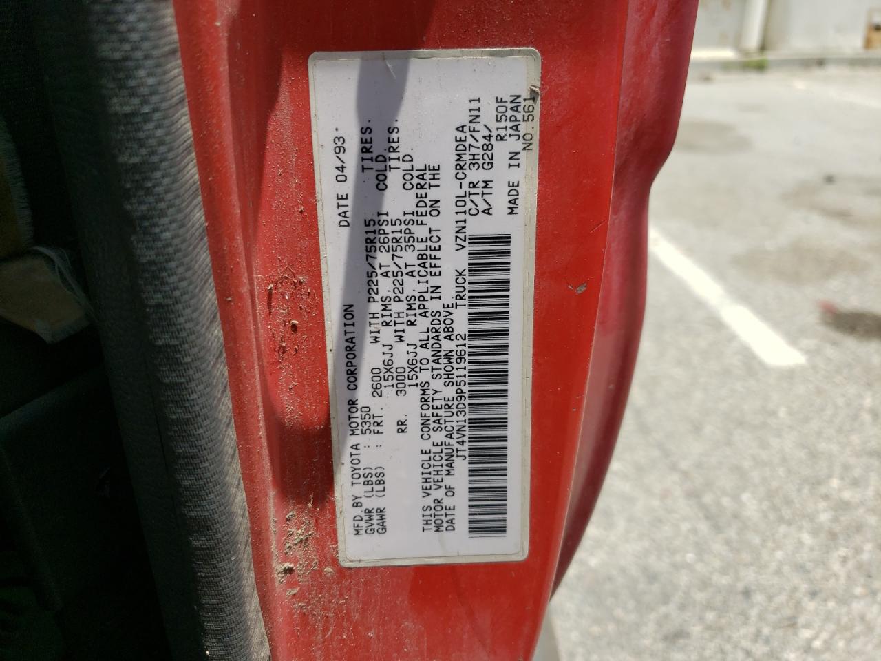 1993 Toyota Pickup 1/2 Ton Extra Long Wheelbase Dx VIN: JT4VN13D9P5119612 Lot: 59758324