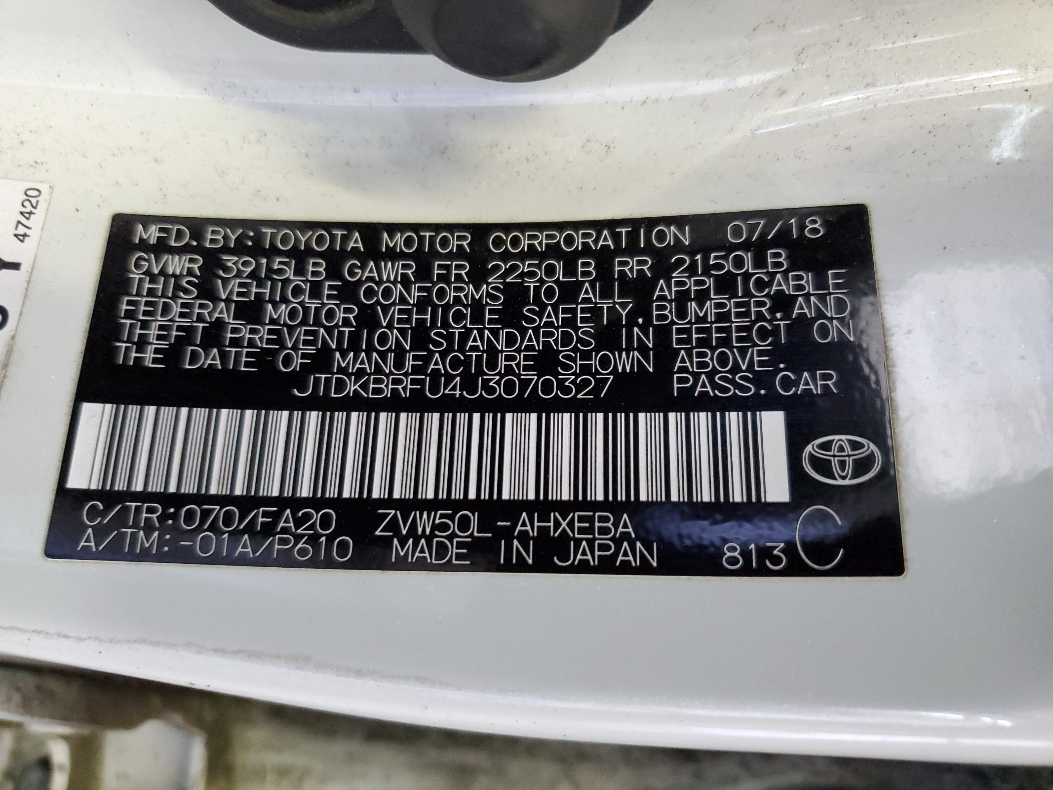 JTDKBRFU4J3070327 2018 Toyota Prius