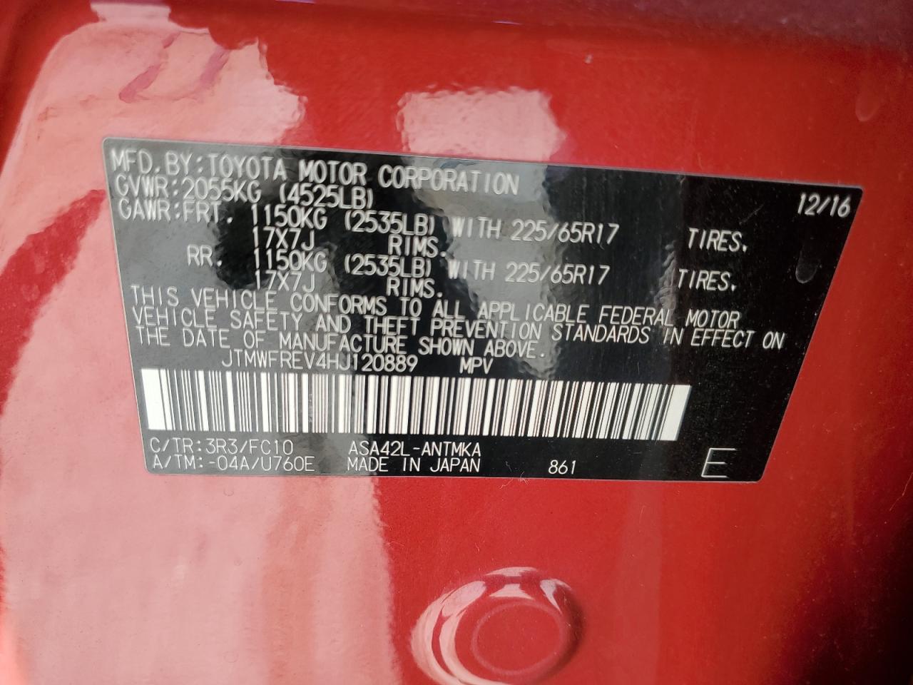 2017 Toyota Rav4 Xle VIN: JTMWFREV4HJ120889 Lot: 57873954