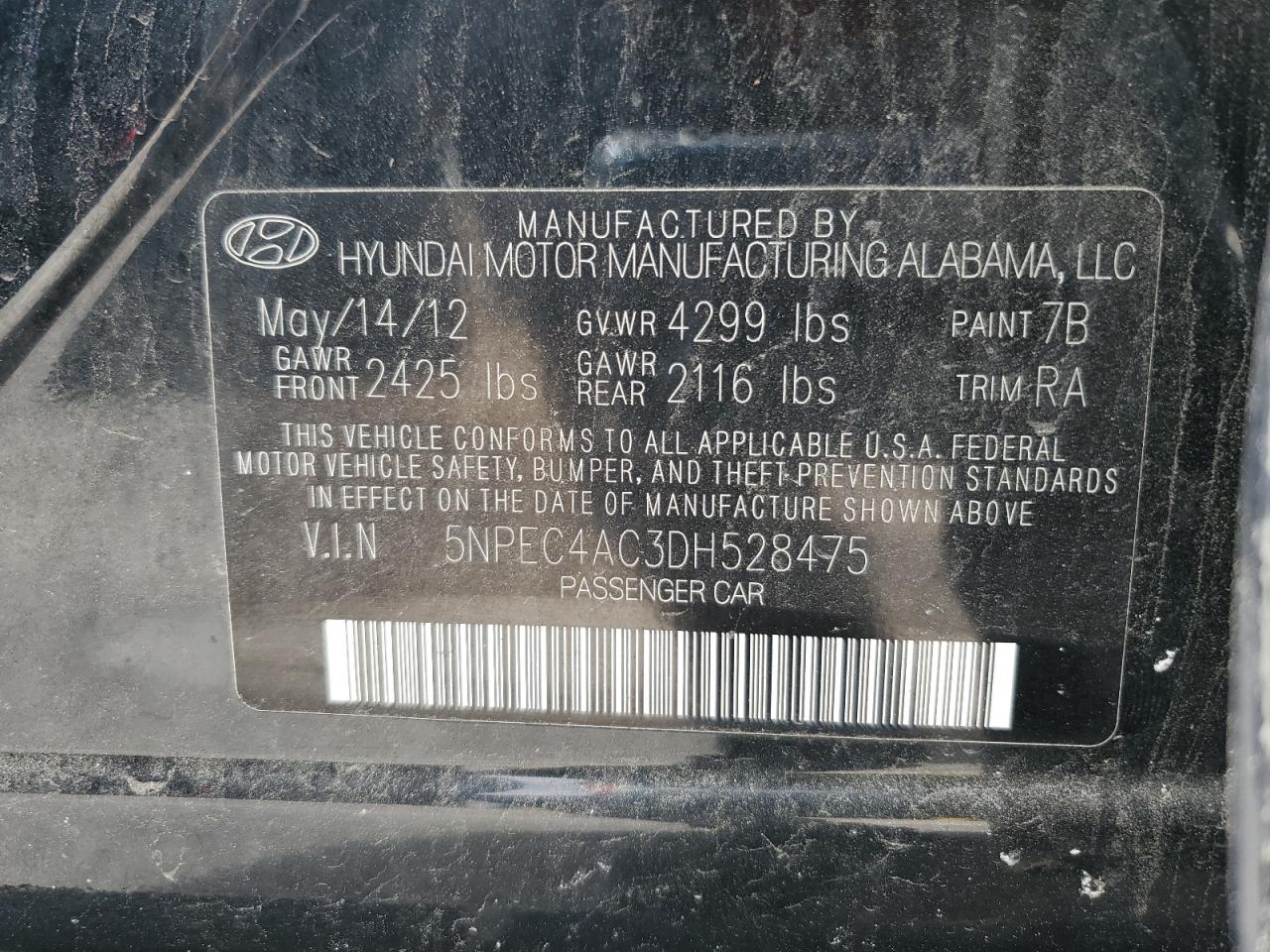 2013 Hyundai Sonata Se VIN: 5NPEC4AC3DH528475 Lot: 59733504