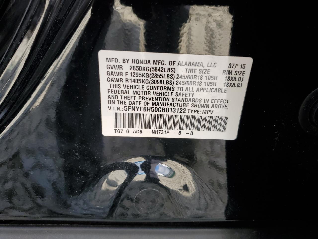 2016 Honda Pilot Exl VIN: 5FNYF6H50GB013122 Lot: 60415844